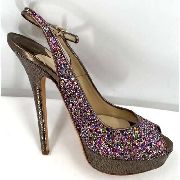 Jimmy Choo CLUE Glitter Gold Slingback Platform Open Toe Sandals Shoes Sz 38.5 - Picture 7 of 16